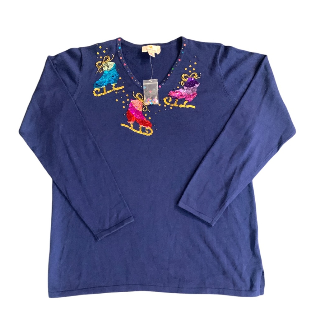 Quacker Factory NWOT Holiday Vneck Top Shimmer Ornament Blue Medium Office Party